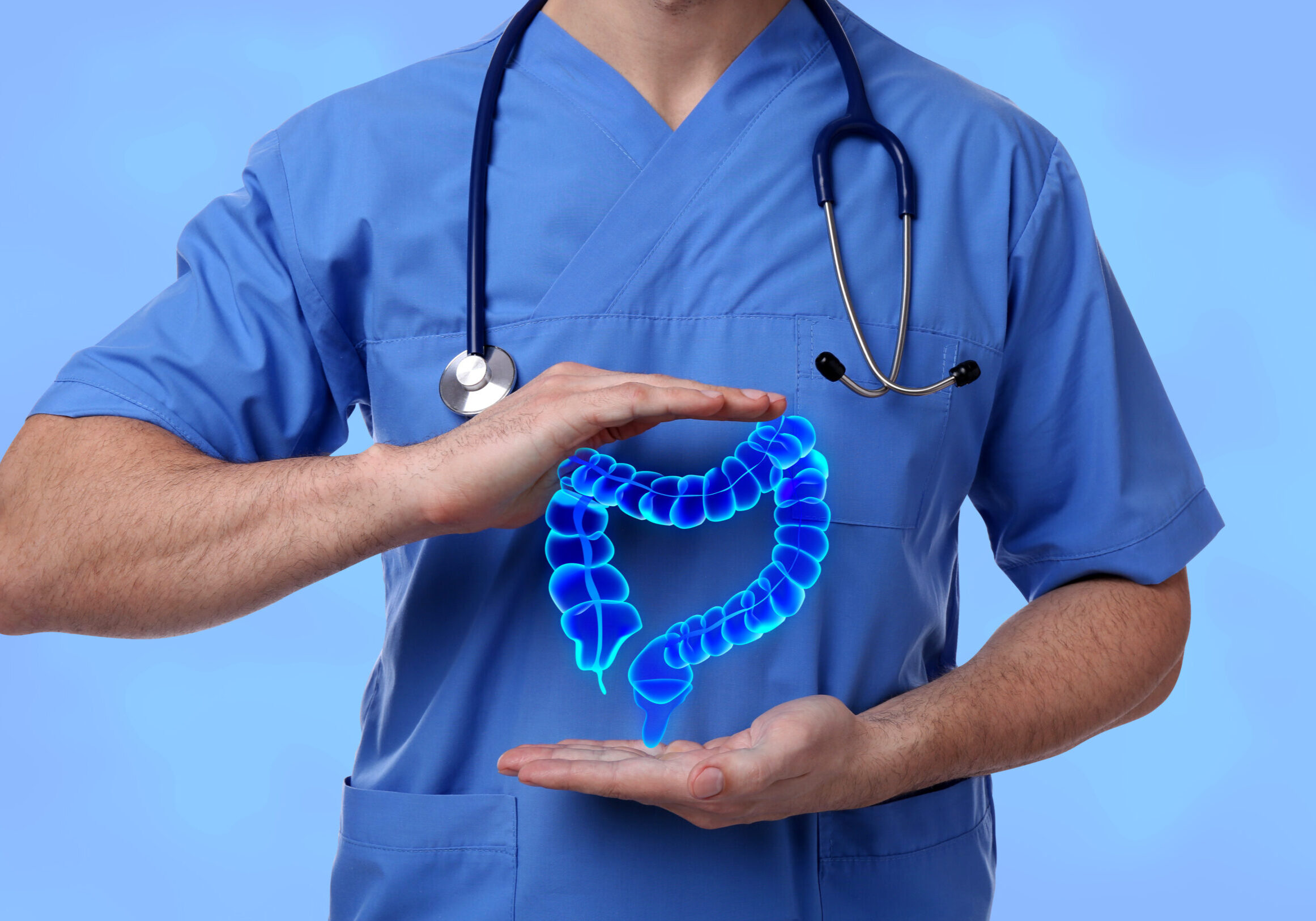 Gastroenterologist holding illustration of large intestine on light blue background, closeup